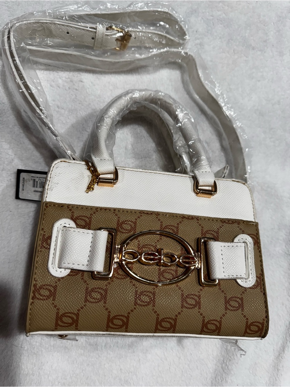 NWT Bebe Leilani Monogram Handle Crossbody Almond White
